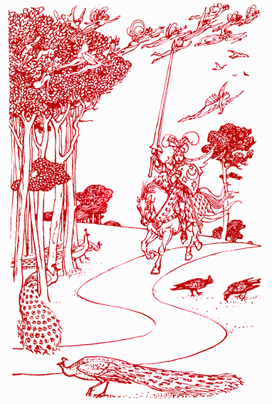 A knight approaching on horseback, fairies flying above
