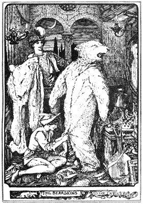 A person trying on a bearskin, with an assistant helping fit it