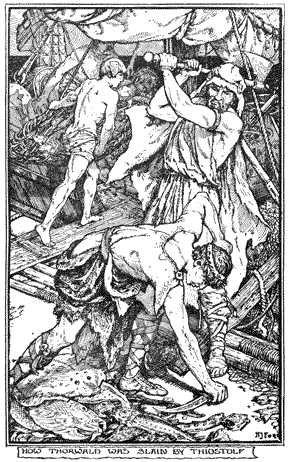 A man with an axe attacking a man who is bent over