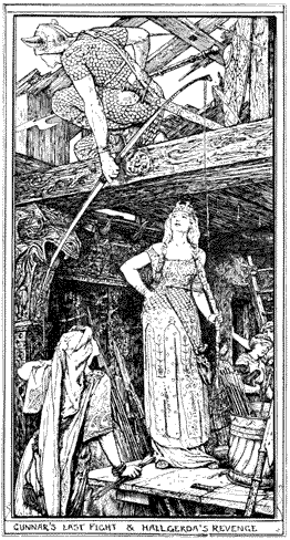 A woman standing on a table, looking up at the man carrying weapons on the beam abover her