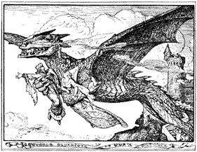 A dragon flying away from a castle, with a man and woman clasped in his front legs