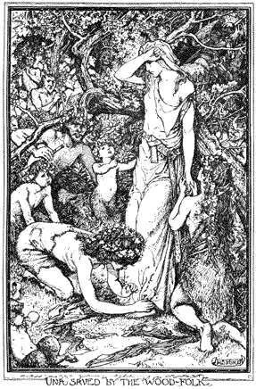 A girl with two other girls kneeling at her feet, surrounded by fauns and other creatures