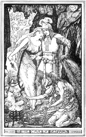 A knight and maiden entering a cave, in front of them is a kneeling man holding a rope in front of a brzaier