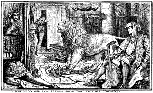 Two men trying to hide from a lion with a minstrel and other man looking on