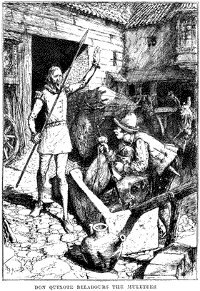 Don Quixote stands yelling at another man who is lifting armor out of a stone trough