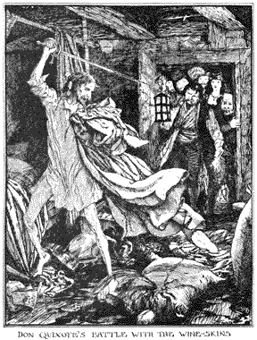 Don Quixote fighting the wine-skins hanging from the ceiling of the room in the inn