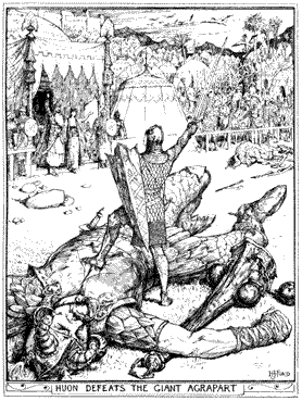 A knight standing with his sword raised and his foot on the chest of a dead giant, saluting the people watching in the lists