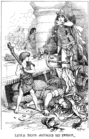 A boy with uplifted cudgel standing over a fallen man, a woman rising behind