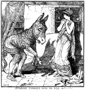 A half-man, half-donkey standing in front of a woman