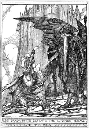 A man seated on the ground with his hand upraised toward a wizard with a winged horse behind him