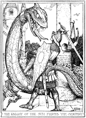 A knight with an uplifted sword stands facing a serpent