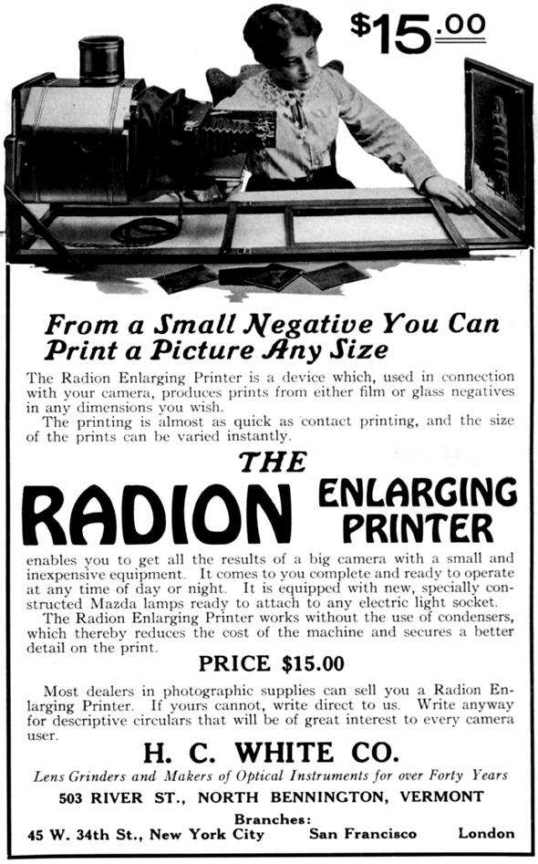 Produces prints from either film or glass negatives in any dimensions you wish
