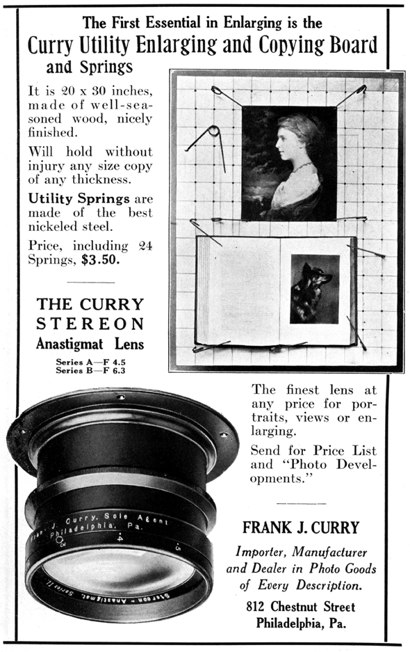 Board: Will hold without injury any size copy of any thickness. Stereon: The finest lens at any price for portraits, views or enlarging.