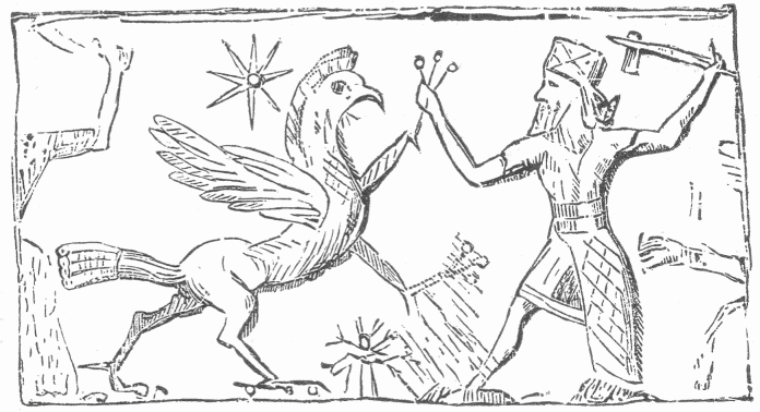 72.—BEL FIGHTS THE DRAGON—TIAMAT (ASSYRIAN CYLINDER.)
(Perrot and Chipiez.)