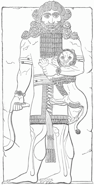 75.—IZDUBAR AND THE LION (BAS-RELIEF FROM KHORSABAD).
(Smith's "Chaldea.")