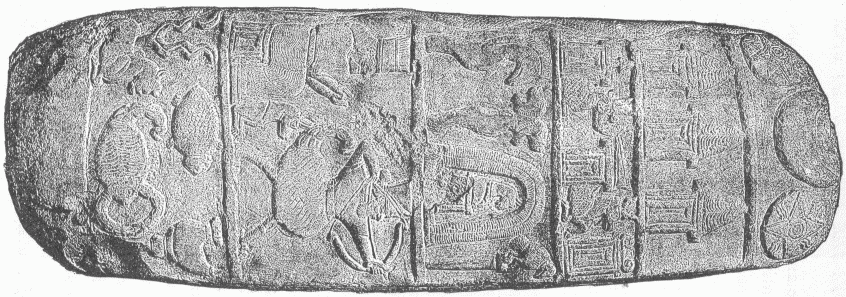 80.—STONE OBJECT FOUND AT ABU-HABBA (SIPPAR) BY MR. H.
RASSAM, SHOWING, AMONG OTHER MYTHICAL DESIGNS, SHAMASH AND HIS WARDER,
THE SCORPION-MAN.