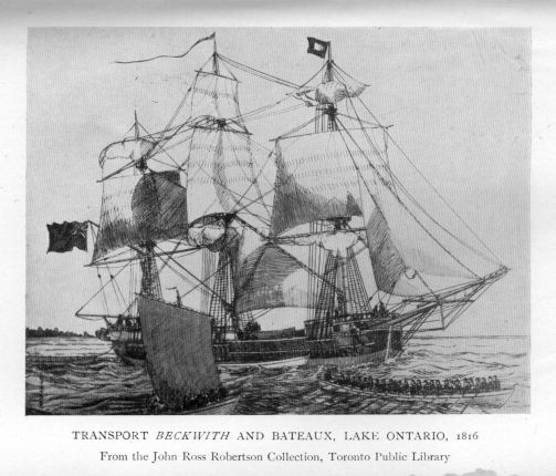 TRANSPORT _BECKWITH_ AND BATEAUX, LAKE ONTARIO, 1816. From the John Rose Robertson Collection, Toronto Public Library.