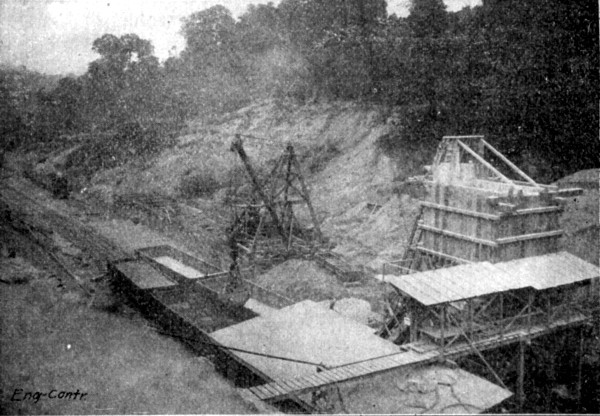 Fig. 140.—View of Mixer Plant Showing Method of
Unloading Materials, Burton Tunnel.