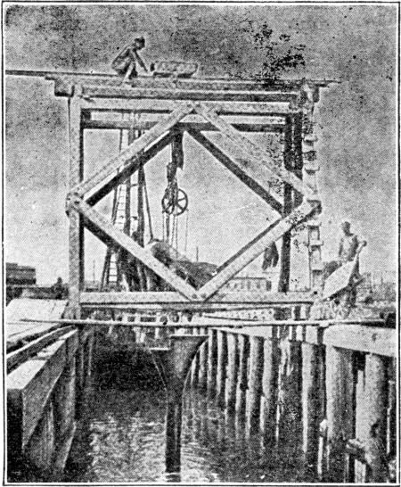 Fig. 34.—Tremie and Traveler Used at Charlestown, Mass.,
Bridge.
