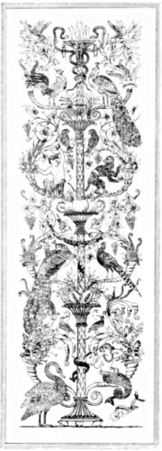 Detailed design showing an ornate pillar surrounded by birds, animals and mythical creatures