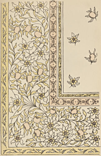 Corner of the design with a wide floral border and scattered floral motifs in the center