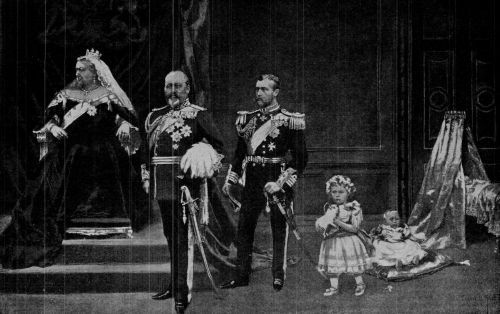 Queen Victoria flanked by the Prince and Princess of Whales in 1883 print from