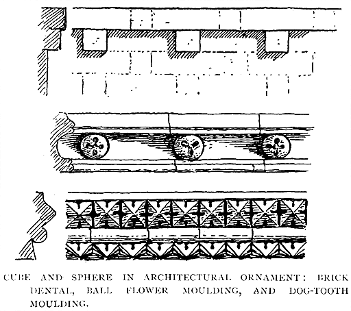 Cube and Sphere in Architectural Ornament:
Brick Dental, Ball Flower Moulding, and Dog-tooth Moulding.