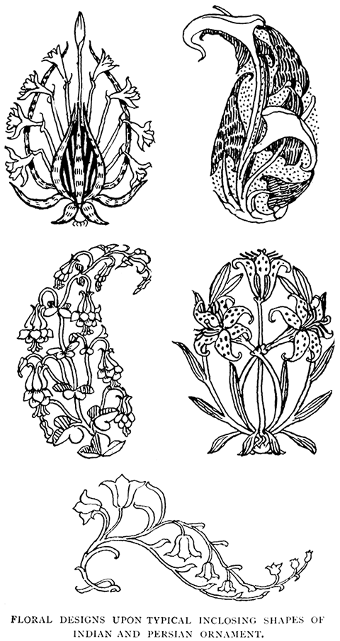 Floral Designs Upon Typical
Inclosing Shapes of Indian and Persian Ornament.