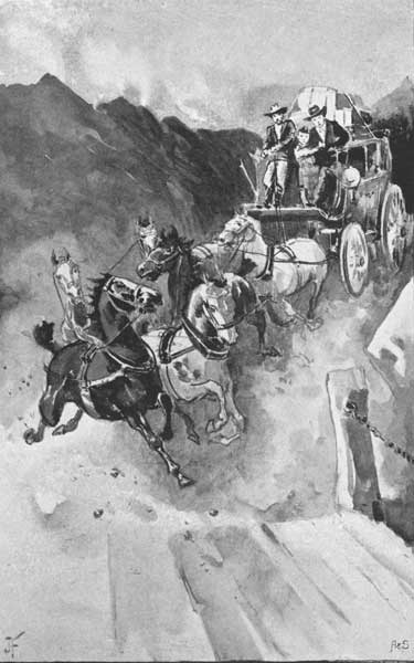 "Davis put forth all his strength to control the horses,
now flying over the road at a wild gallop." Page 36.