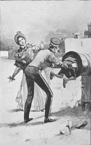 "Fortunately, a big soldier came along, and, slipping
both hands as far up on Bert's body as he could reach, with a strong,
steady pull drew him out of the cannon."&mdash;Page 119.