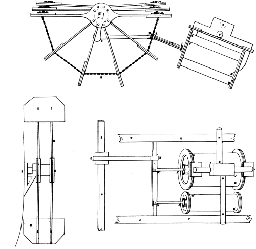 Figure 4.—Marestier's drawings of the Savannah's
engine (from plate 7 in Withington's translation of the Marestier
report).