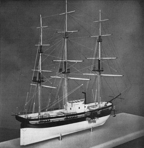 Figure 8.—Stern-quarter view of the new model of the
Savannah, showing one wheel partially folded and the iron frames for
canvas wheel-boxes in place.