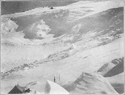 Third camp in the Grand
Basin—17,000 feet, showing the shattering of the glacier walls by the
earthquake.