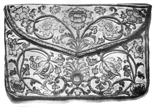 POCKET-BOOK OF SATIN, EMBROIDERED WITH COLOURED SILKS AND SILVER-GILT THREAD.