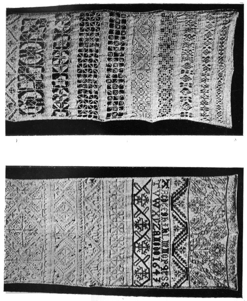 A SEVENTEENTH-CENTURY "SAMPLER" (ENGLISH), SHOWING CUT AND
DRAWN WORK.