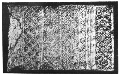 EARLY ENGLISH "SAMPLER," SHOWING BIRD'S-EYE EMBROIDERY AND
CUT AND DRAWN WORK.