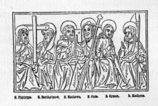 Apostle symbols--S. Phylyppa, S. Barthylimew, S. Matthew, S. Jude, S. Symon, S. Mathyas.
