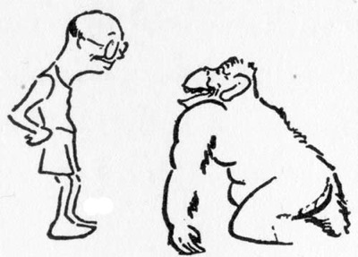 Drawing of a man stnading and looking down at an ape.