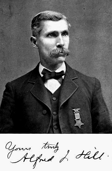 Photo of Alfred J. Hill and handwritten inscription:
"Yours truly, Alfred J. Hill"