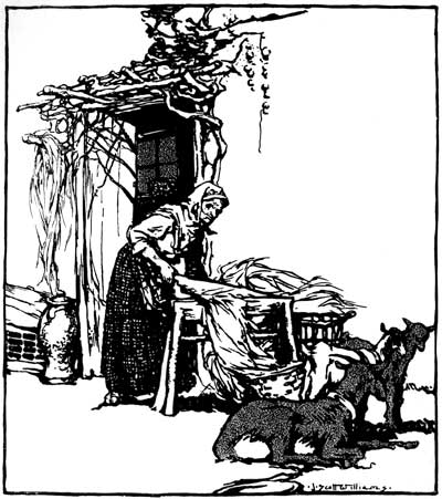 SHE SPINS HER HEMP AND WEAVES OSIERS INTO BASKETS AND
CHANGES THEM FOR GOATS' HAMS