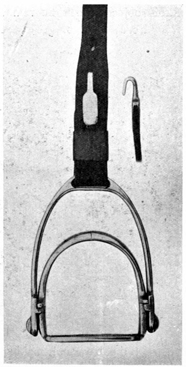 Stirrup on stirrup leather, a hook for stirrup leather next to the leather.