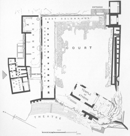 Fig. 2. Plan of the temple and precinct of Athena, Pergamon; with that of the Library and adjacent buildings.