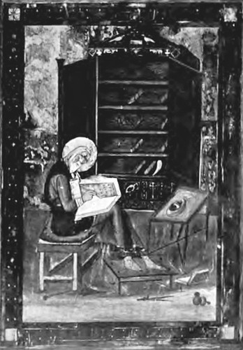 Fig. 15 Ezra writing the Law. Frontispiece to the Codex Amiatinus. In the background is a press with open doors. The picture was probably drawn in the middle of the sixth century A.D.