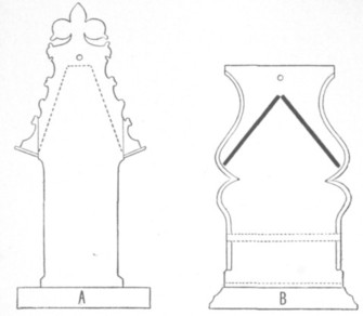 Fig. 55. Elevation of (A) one of the bookcases in the Library at Zutphen: (B) one of those in the Library at Queens' College, Cambridge