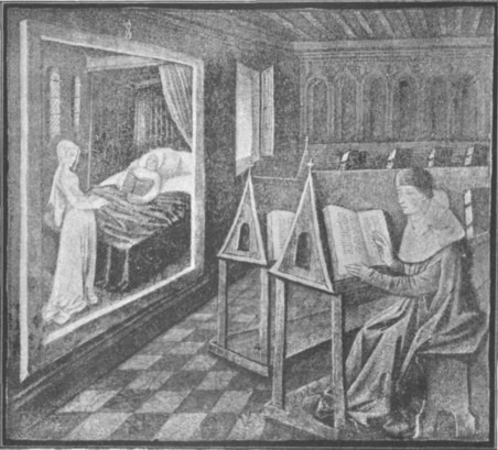 Fig. 63. Interior of a Library. From a MS. of a French translation of the first book of the Consolation of Philosophy by Boethius: written in Flanders towards the end of the fifteenth century.