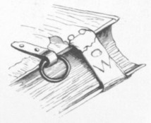 Fig. 74. Part of a single volume, shewing the clasp, the ring for the chain, and the mode of attaching it: Hereford. From a sketch taken in 1876.
