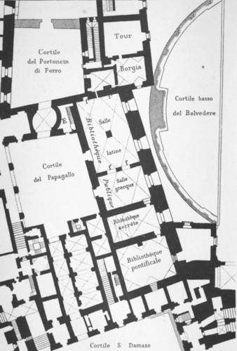 Fig. 97. Ground-plan of part of the Vatican Palace, shewing the building of Nicholas V., as arranged for library purposes by Sixtus IV., and its relation to the surrounding structures. From Letarouilly, Le Vatican, fol. Paris, 1882; as reproduced by M. Fabre.