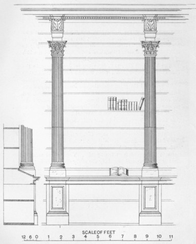 Fig. 123. Elevation of a bookcase and section of a desk in the Bibliothèque Mazarine, Paris.