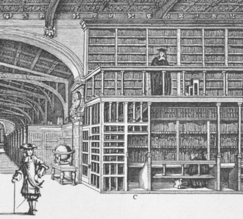 Fig. 124. A portion of the bookcases set up in the eastern wing of the Bodleian Library, Oxford, built 1610-1612. From Loggan's Oxonia Illustrata, 1675.