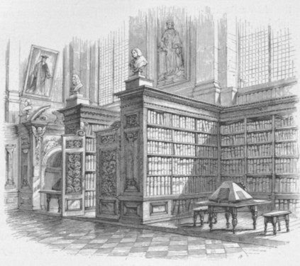 Fig. 128. Interior of the north-east corner of the Library of Trinity College, Cambridge, shewing the bookcases, table, desk and chairs, as designed by Sir C. Wren.